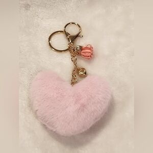Pink Heart-Shaped Fluffy Keychain with Gold Accents Bag Charm